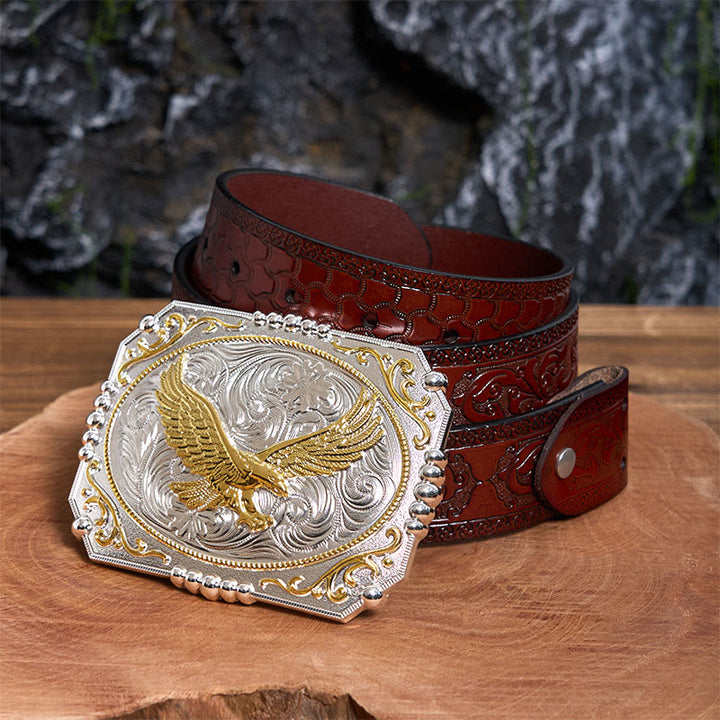 Golden Flying Eagle DIY Cowboy Buckle Leather Belt - Flying Eagle - Brown Carved Belt - 42 - image 7