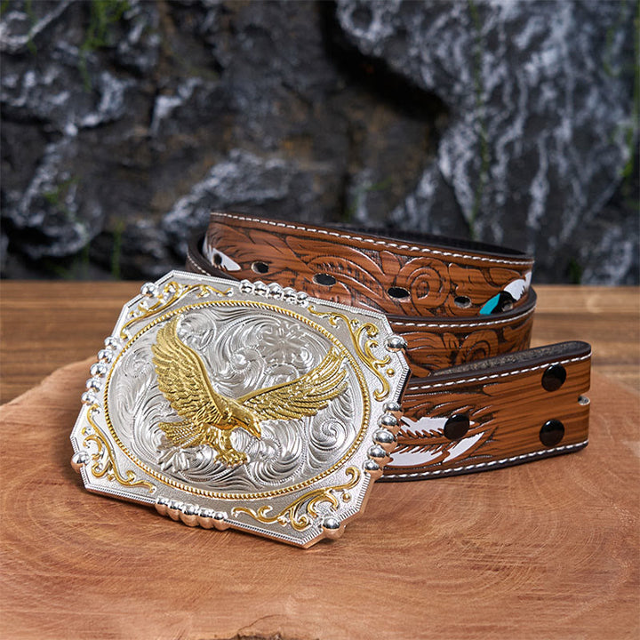 Golden Flying Eagle DIY Cowboy Buckle Leather Belt - Flying Eagle - Brown Feather Belt - 40 - image 8