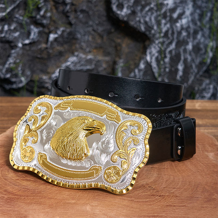 Golden Fierce Eagle Head DIY Cowboy Buckle Leather Belt - Eagle Head - Black Embossed Eagle Belt - 42 - image 1