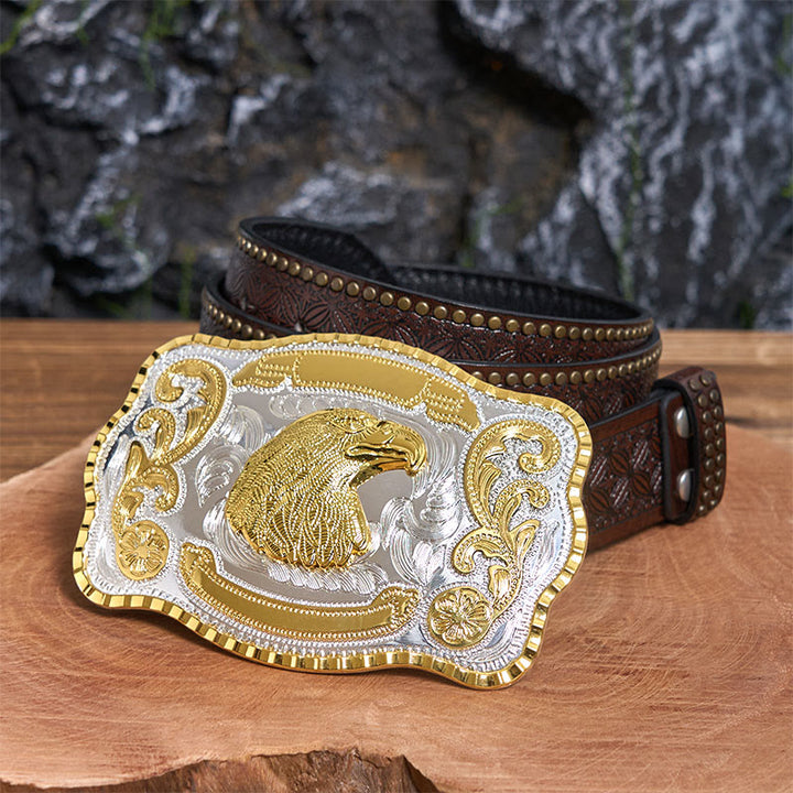 Golden Fierce Eagle Head DIY Cowboy Buckle Leather Belt - Eagle Head - Brown Rivet Belt - 42 - image 5