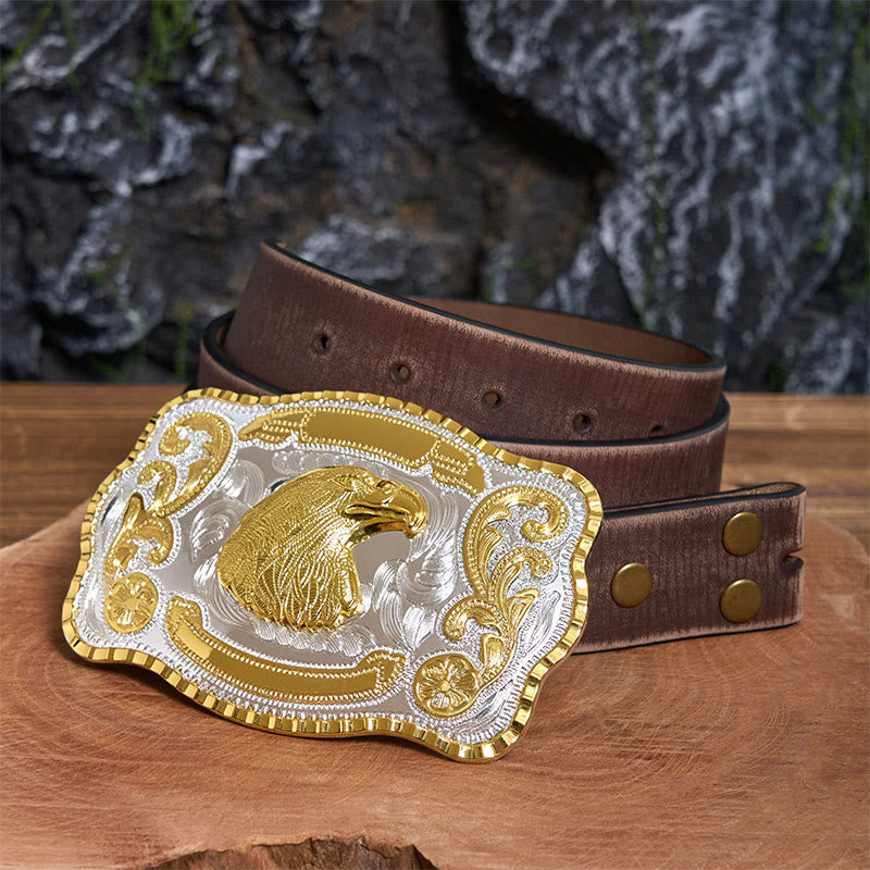 Golden Fierce Eagle Head DIY Cowboy Buckle Leather Belt - Eagle Head - Brown Distressed Belt - 42 - image 6