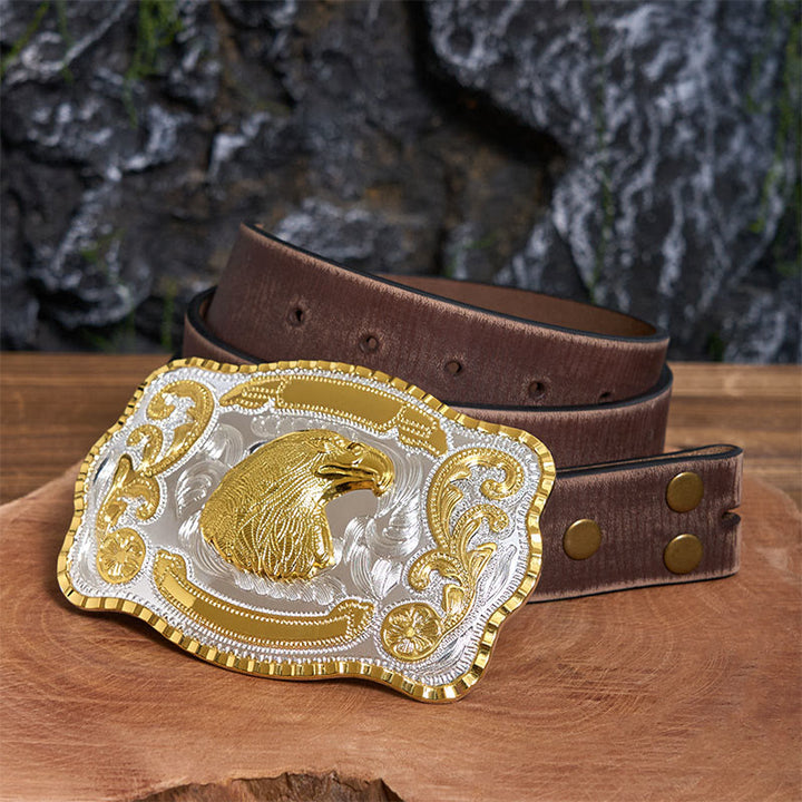 Golden Fierce Eagle Head DIY Cowboy Buckle Leather Belt - Eagle Head - Brown Distressed Belt - 42 - image 6