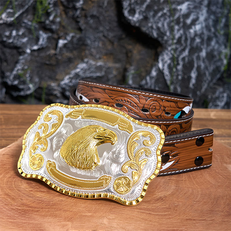 Golden Fierce Eagle Head DIY Cowboy Buckle Leather Belt - Eagle Head - Brown Feather Belt - 40 - image 8