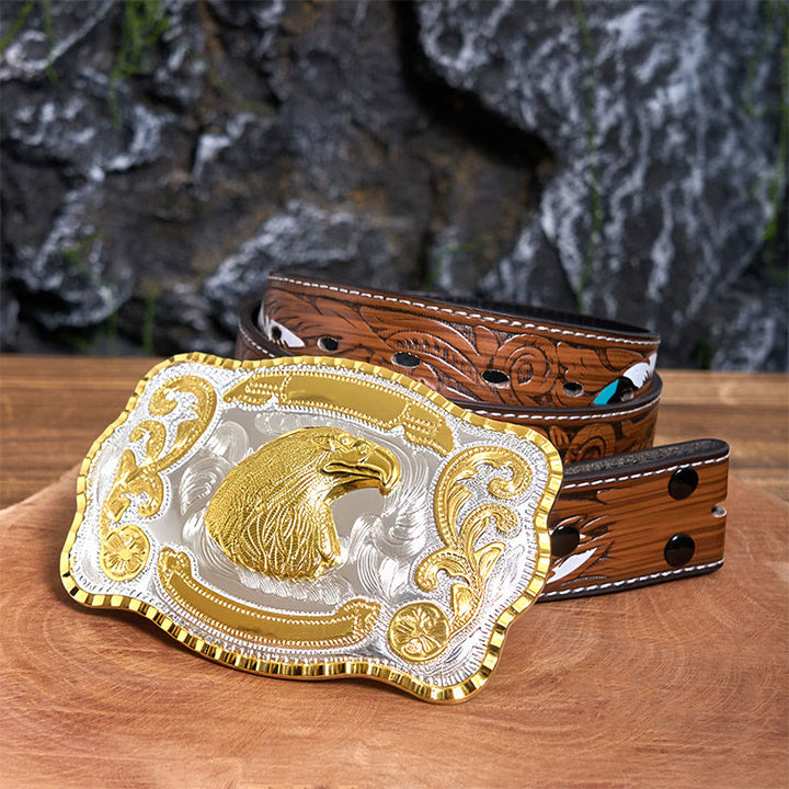 Golden Fierce Eagle Head DIY Cowboy Buckle Leather Belt - Eagle Head - Brown Feather Belt - 40 - image 8