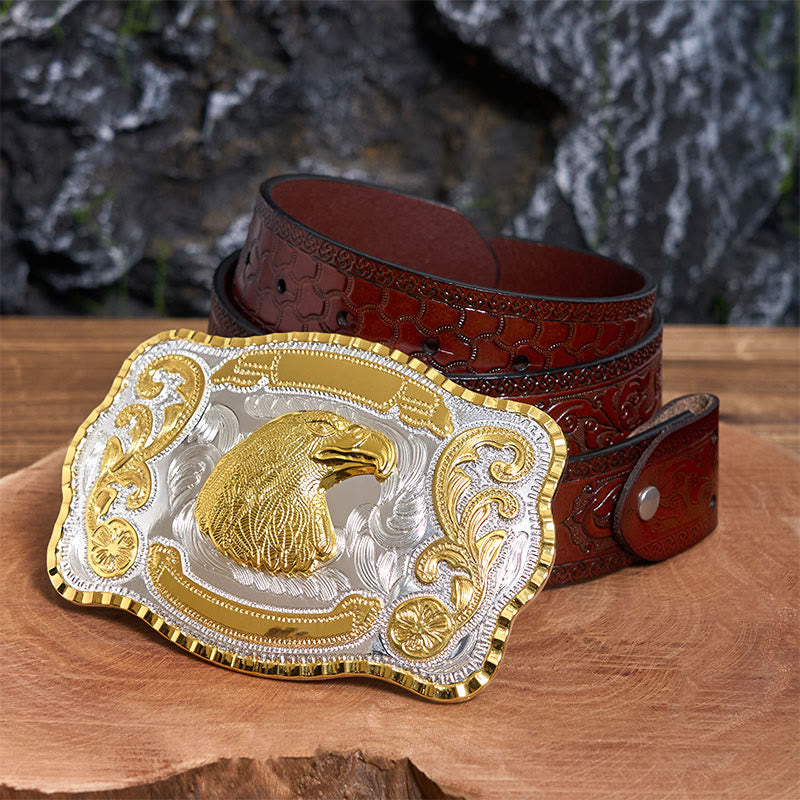 Golden Fierce Eagle Head DIY Cowboy Buckle Leather Belt - Eagle Head - Brown Carved Belt - 42 - image 7