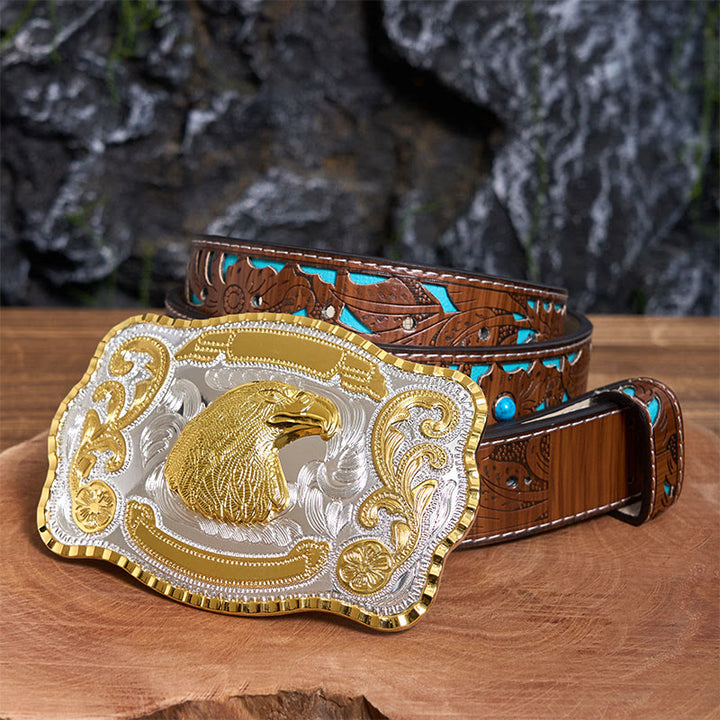 Golden Fierce Eagle Head DIY Cowboy Buckle Leather Belt - Eagle Head - Turquoise Carved Belt - 42 - image 4