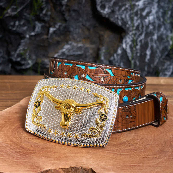Rectangular DIY Two Tone Bull Head Large Buckle Leather Belt - Bull Head - Turquoise Carved Belt - 42 - image 4