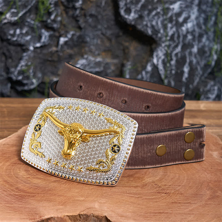 Rectangular DIY Two Tone Bull Head Large Buckle Leather Belt - Bull Head - Brown Distressed Belt - 42 - image 6