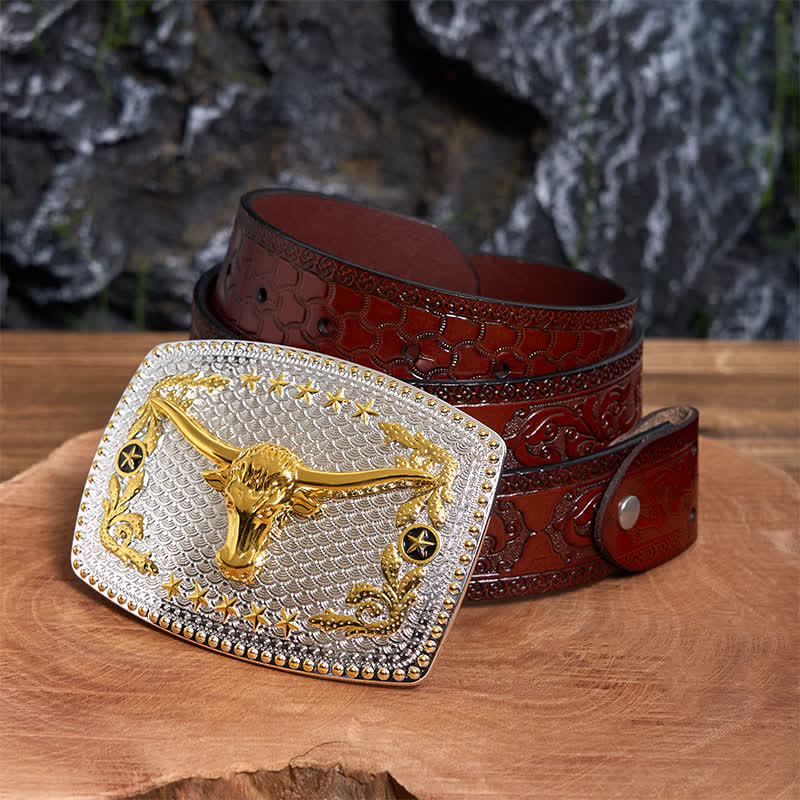 Rectangular DIY Two Tone Bull Head Large Buckle Leather Belt - Bull Head - Brown Carved Belt - 42 - image 7