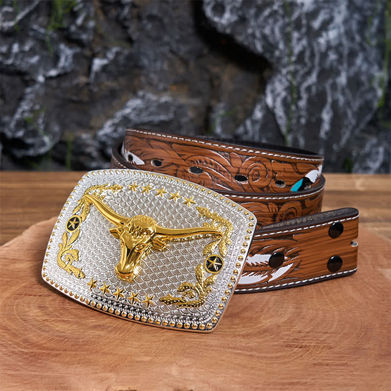 Rectangular DIY Two Tone Bull Head Large Buckle Leather Belt - Bull Head - Brown Feather Belt - 40 - image 8