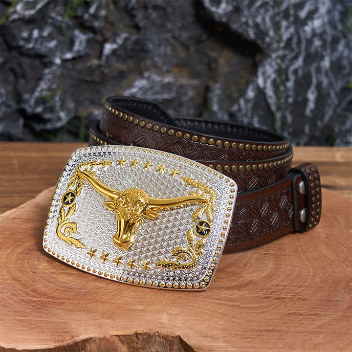 Rectangular DIY Two Tone Bull Head Large Buckle Leather Belt - Bull Head - Brown Rivet Belt - 42 - image 5
