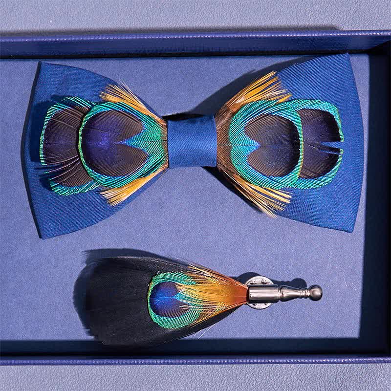 Navy Blue Peacock Tail Big Eye Feather Bow Tie - image 3