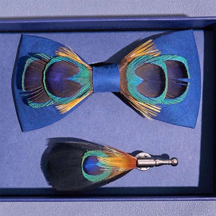 Navy Blue Peacock Tail Big Eye Feather Bow Tie - image 3