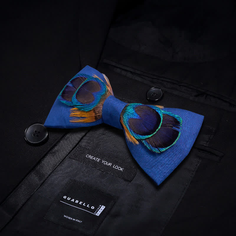 Navy Blue Peacock Tail Big Eye Feather Bow Tie - image 2