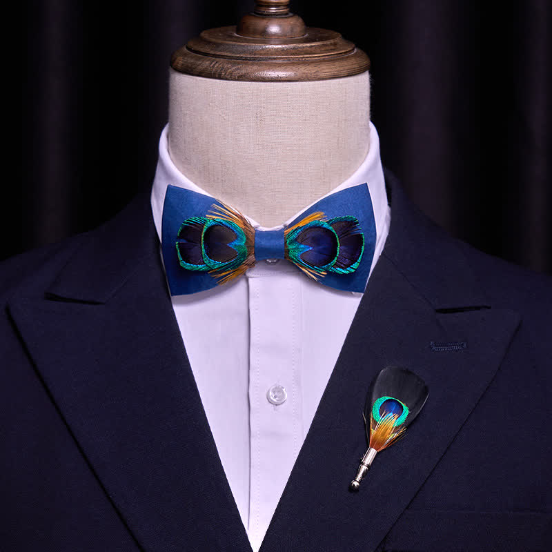 Navy Blue Peacock Tail Big Eye Feather Bow Tie - image 1