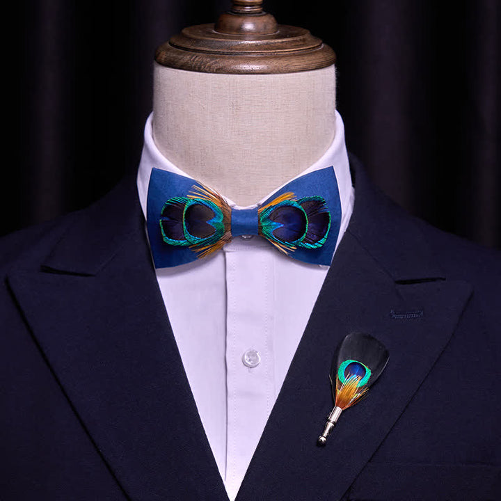 Navy Blue Peacock Tail Big Eye Feather Bow Tie - image 1