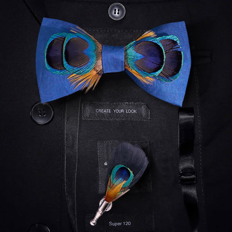 Navy Blue Peacock Tail Big Eye Feather Bow Tie - Navy Blue - image 0
