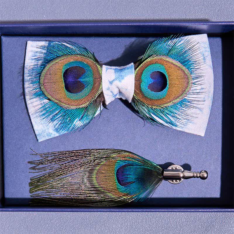 Blue & White Dye Eye Peacock Feather Bow Tie - image 3