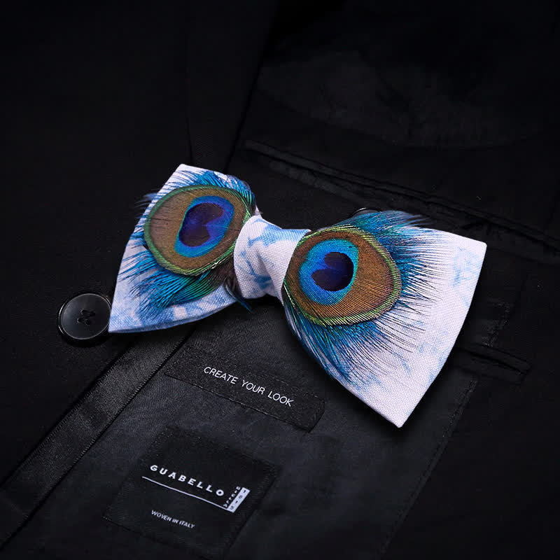 Blue & White Dye Eye Peacock Feather Bow Tie - image 2