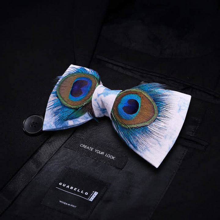 Blue & White Dye Eye Peacock Feather Bow Tie - image 2