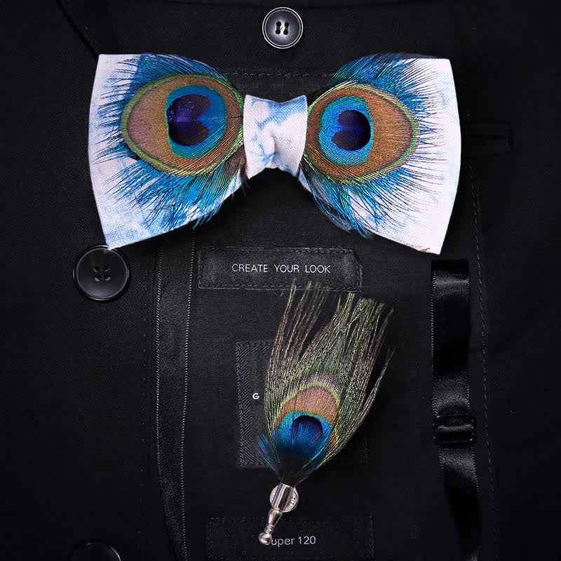 Blue & White Dye Eye Peacock Feather Bow Tie - Blue & White - image 0