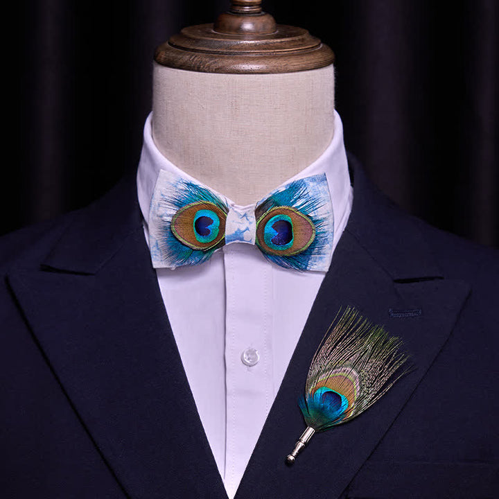 Blue & White Dye Eye Peacock Feather Bow Tie - image 1