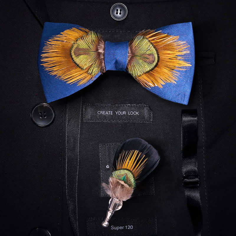 Blue & Yellow Majestic Peacock Feather Bow Tie - Blue & Yellow - image 0