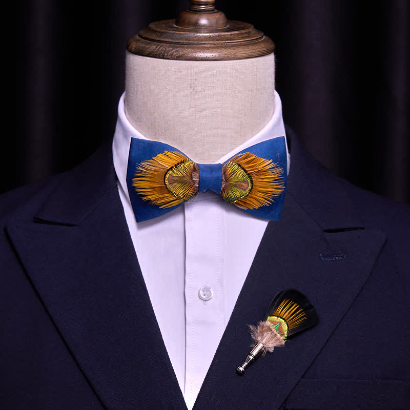 Blue & Yellow Majestic Peacock Feather Bow Tie - image 1