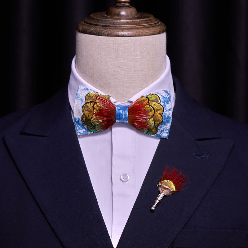 Cerulean Blue Tie-Dye Colorful Feather Bow Tie - image 1