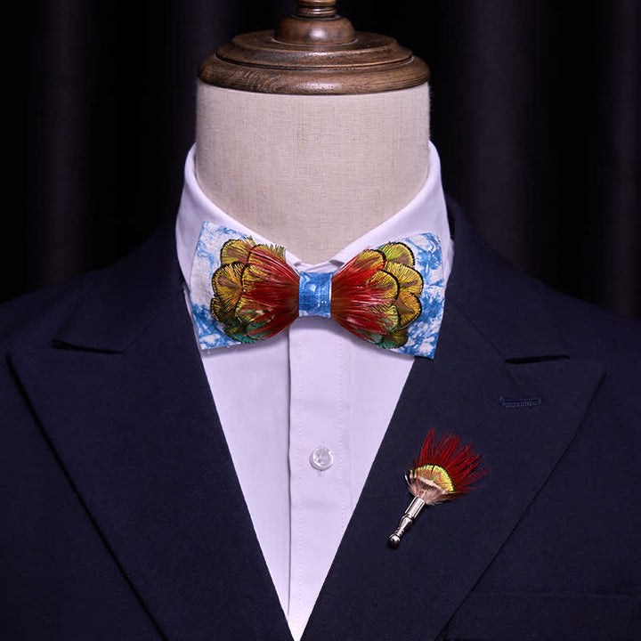 Cerulean Blue Tie-Dye Colorful Feather Bow Tie - image 1