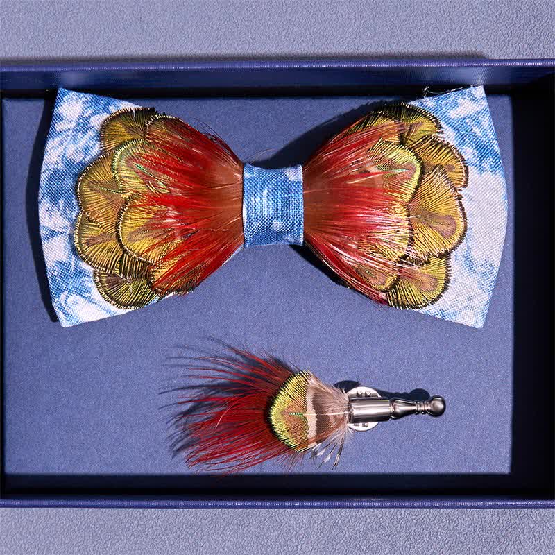 Cerulean Blue Tie-Dye Colorful Feather Bow Tie - image 2