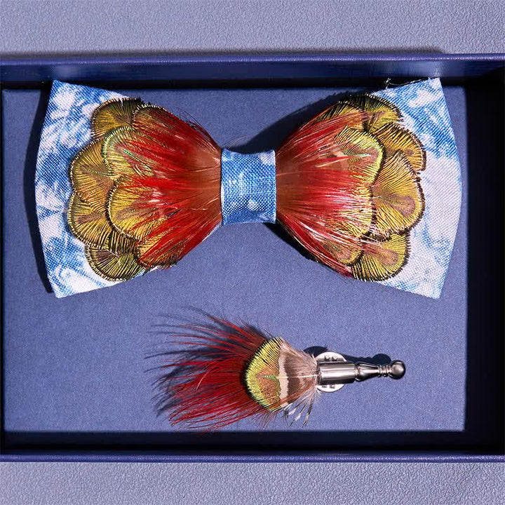 Cerulean Blue Tie-Dye Colorful Feather Bow Tie - image 2