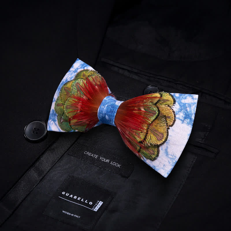 Cerulean Blue Tie-Dye Colorful Feather Bow Tie - image 3