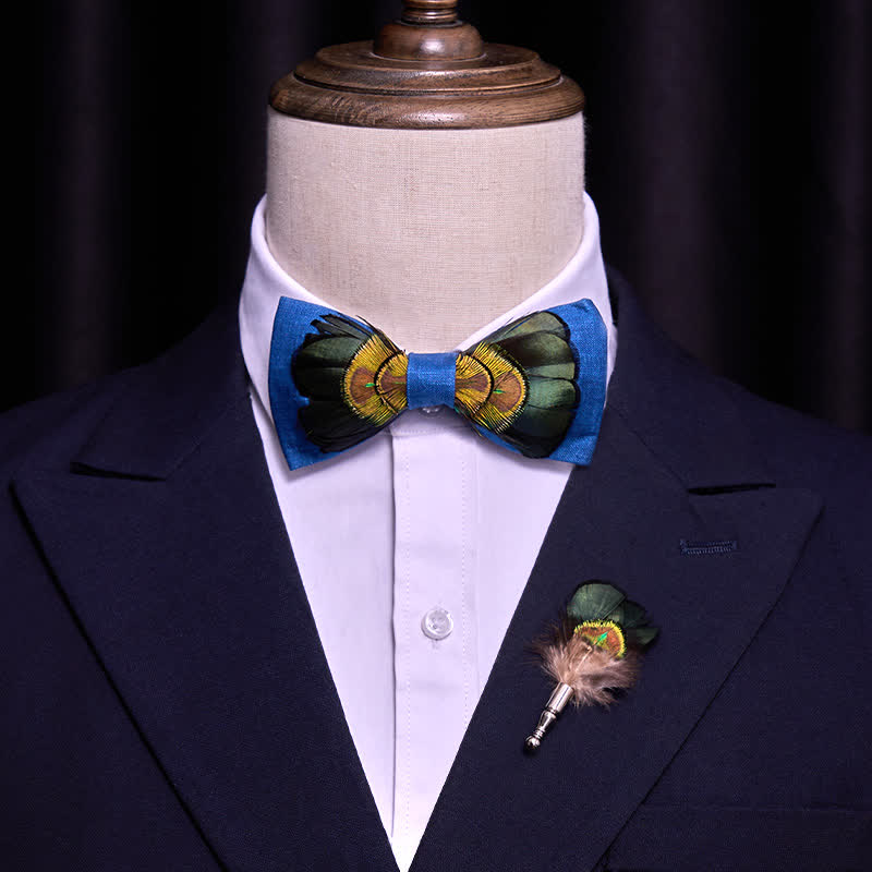 Dark Green & Blue Flax Peacock Feather Bow Tie - image 1
