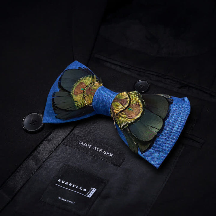 Dark Green & Blue Flax Peacock Feather Bow Tie - image 2