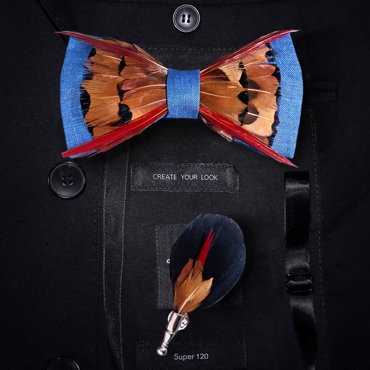 Brown Pheasant Intersected Red Feather Bow Tie - Blue & Brown - image 0