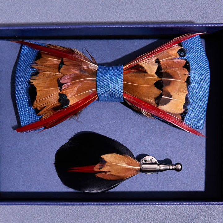 Brown Pheasant Intersected Red Feather Bow Tie - image 3