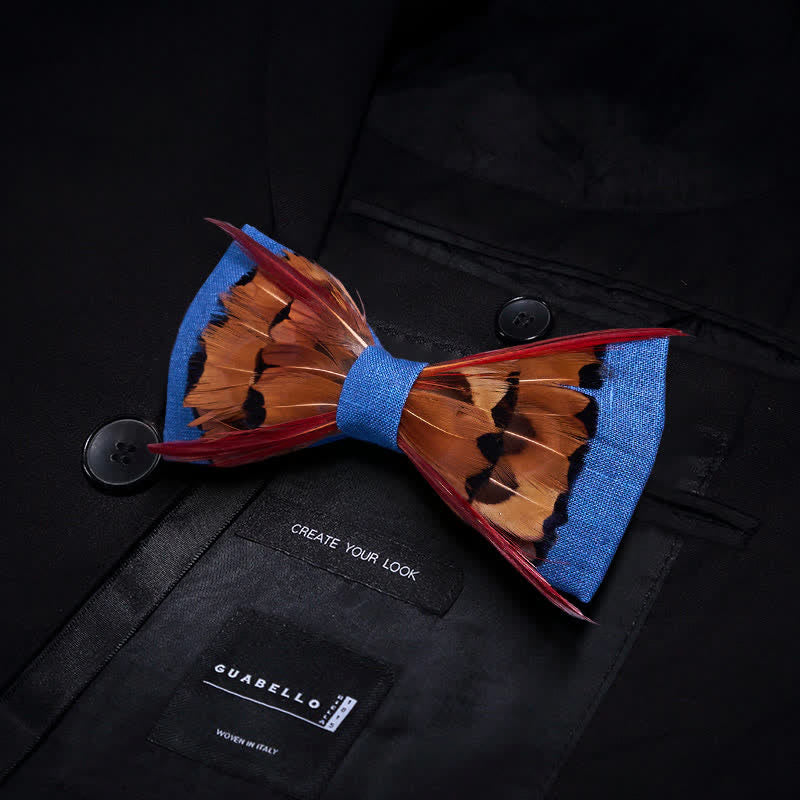 Brown Pheasant Intersected Red Feather Bow Tie - image 2
