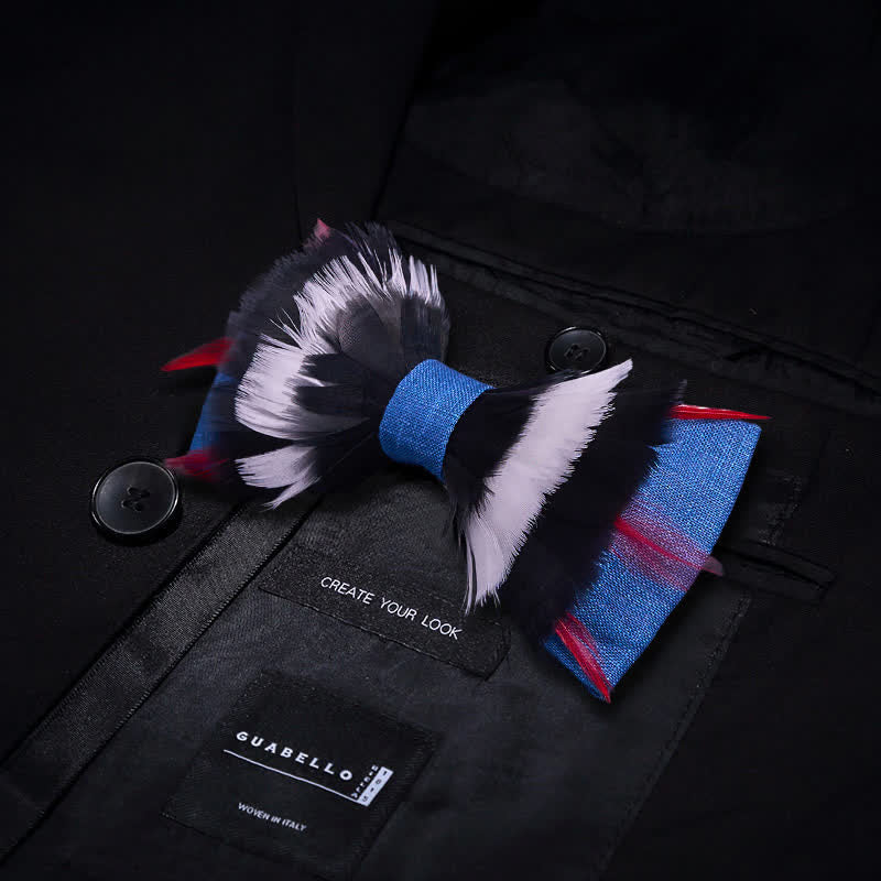 Black & White Deluxe Blue Flax Feather Bow Tie - image 2