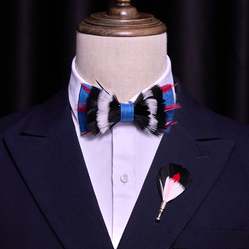 Black & White Deluxe Blue Flax Feather Bow Tie - image 1