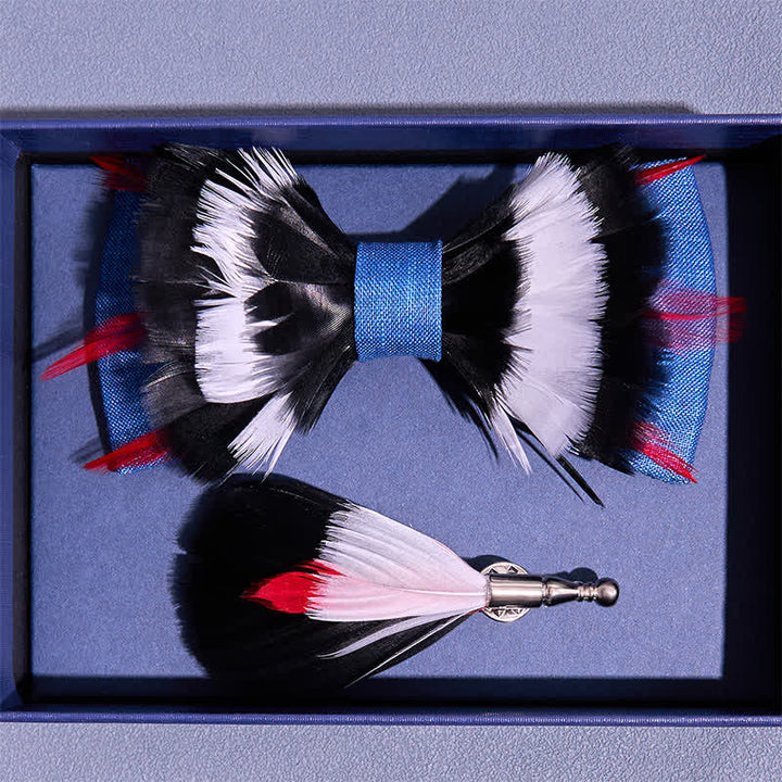 Black & White Deluxe Blue Flax Feather Bow Tie - image 3