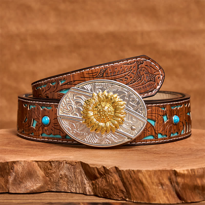 Men's DIY Gold & Silver Sunflower Hidden Folding Knife Leather Belt - Sunflower - Turquoise Carved Belt - 42 - image 5