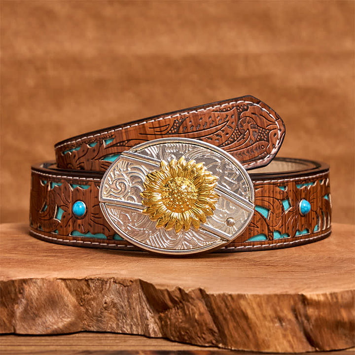 Men's DIY Gold & Silver Sunflower Hidden Folding Knife Leather Belt - Sunflower - Turquoise Carved Belt - 42 - image 5