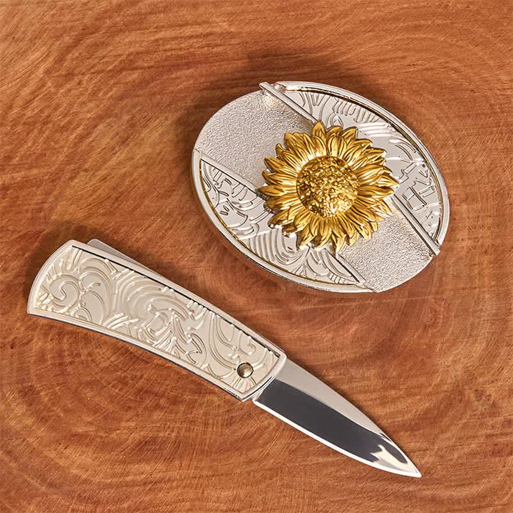 Men's DIY Gold & Silver Sunflower Hidden Folding Knife Leather Belt - image 1