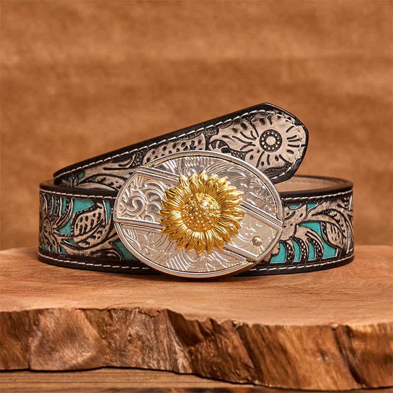 Men's DIY Gold & Silver Sunflower Hidden Folding Knife Leather Belt - image 9