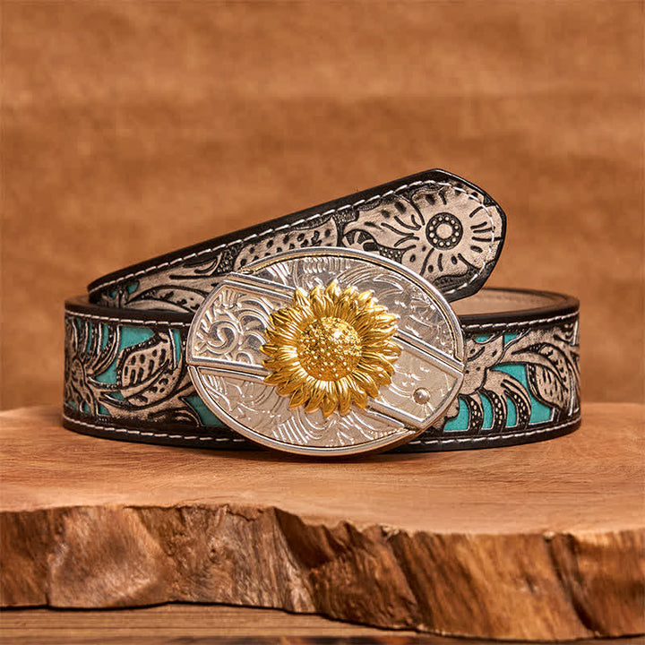 Men's DIY Gold & Silver Sunflower Hidden Folding Knife Leather Belt - image 9