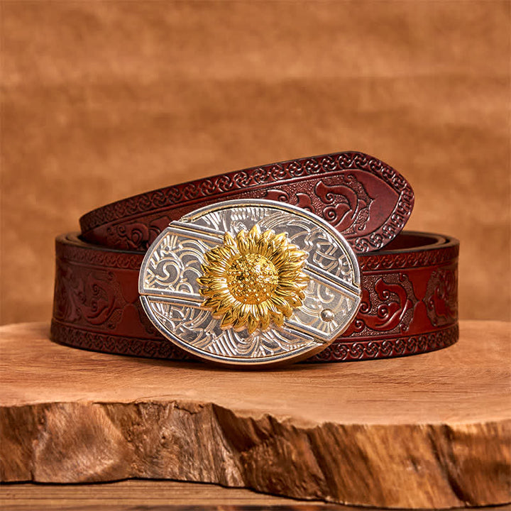 Men's DIY Gold & Silver Sunflower Hidden Folding Knife Leather Belt - Sunflower - Brown Carved Belt - 42 - image 7