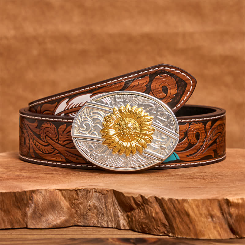 Men's DIY Gold & Silver Sunflower Hidden Folding Knife Leather Belt - Sunflower - Brown Feather Belt - 40 - image 8