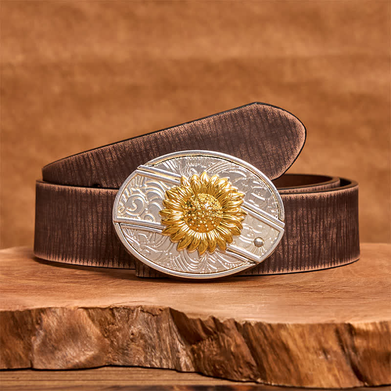 Men's DIY Gold & Silver Sunflower Hidden Folding Knife Leather Belt - Sunflower - Brown Distressed Belt - 42 - image 6