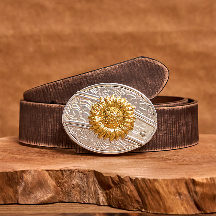 Men's DIY Gold & Silver Sunflower Hidden Folding Knife Leather Belt - Sunflower - Brown Distressed Belt - 42 - image 6